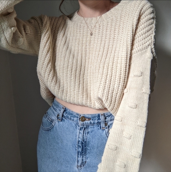 Moon and Madison Cream Knit Bauble Sleeve Cropped Sweater Womens Large L Neutral - Picture 5 of 13